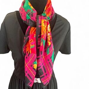Silk Multicolor Floral and Plaid Scarf
